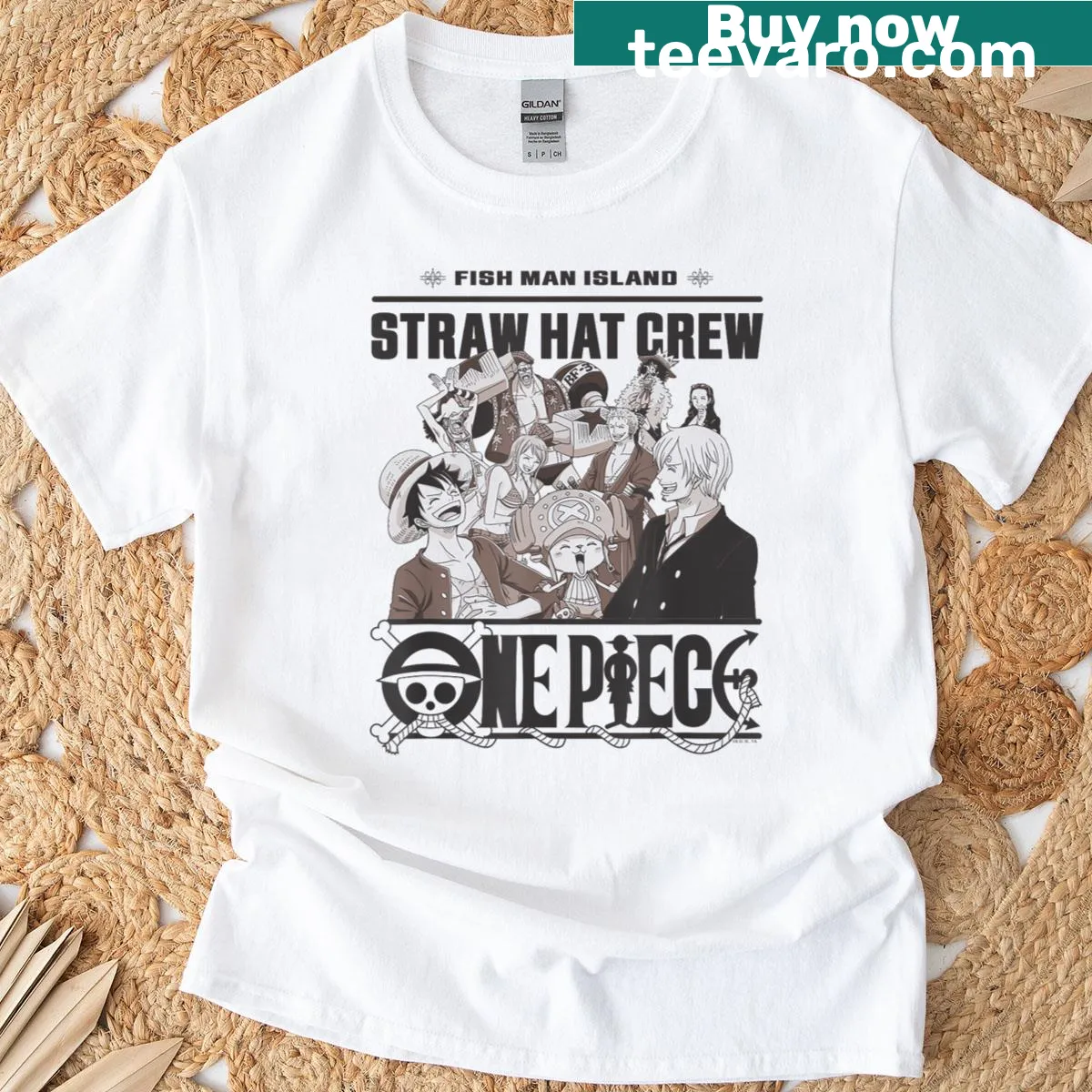 One Piece anime t-shirt featuring Straw Hat Crew illustration — on a men's t-shirt