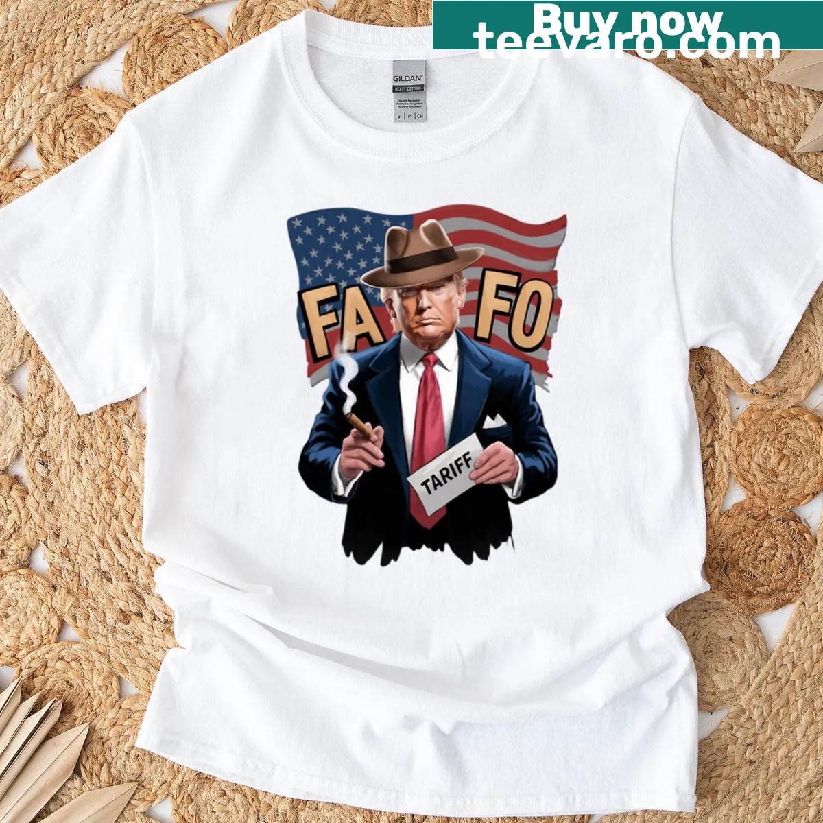 Witty t-shirt featuring humorous political commentary on tariffs and elections — on a men's t-shirt
