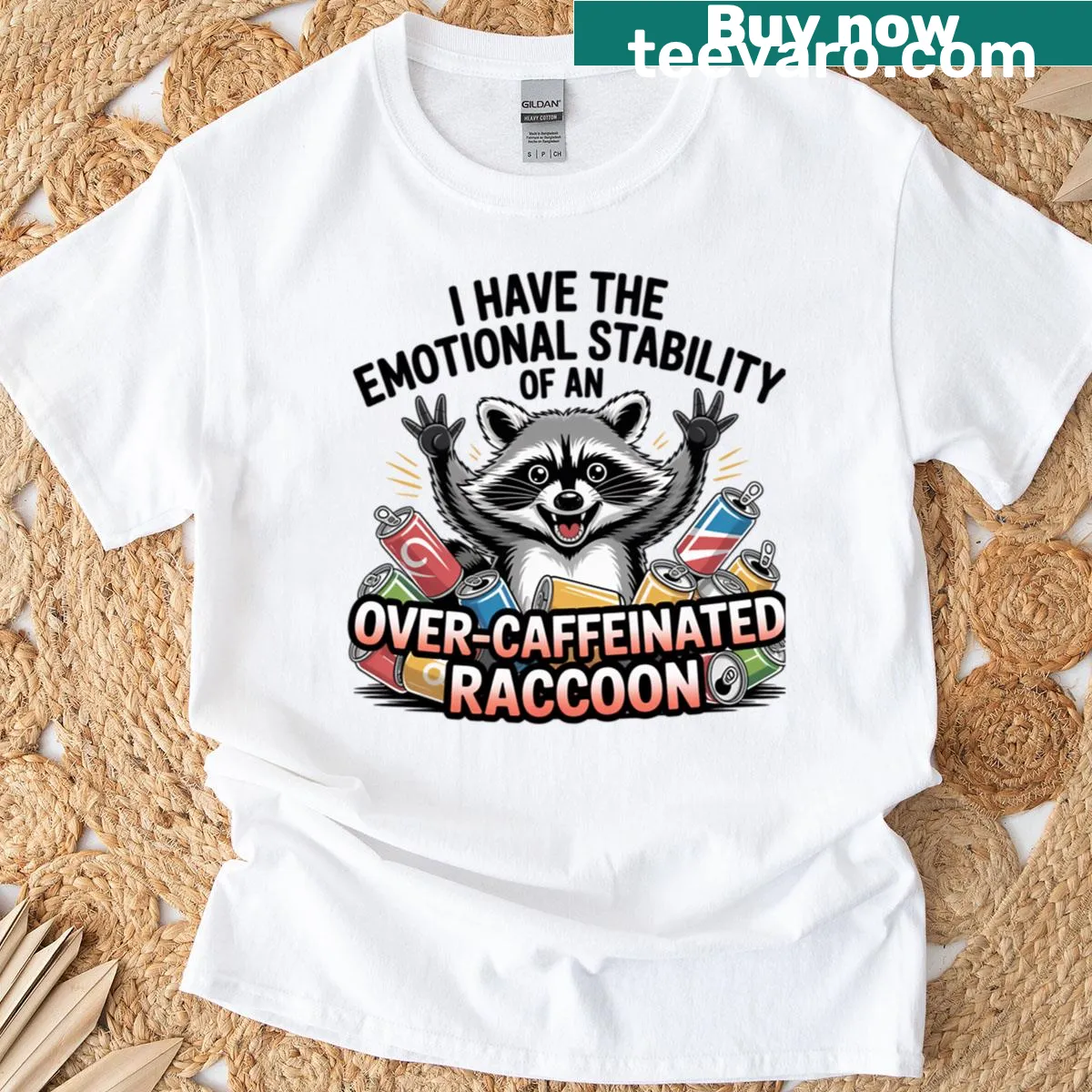 Cartoon raccoon wearing coffee-related humor on an oversized t-shirt — on a men's t-shirt