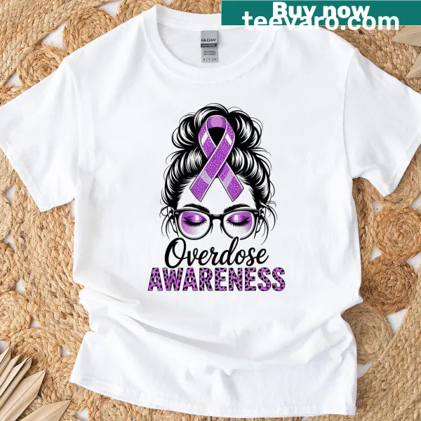 Purple ribbon graphic for overdose awareness on a women's t-shirt
