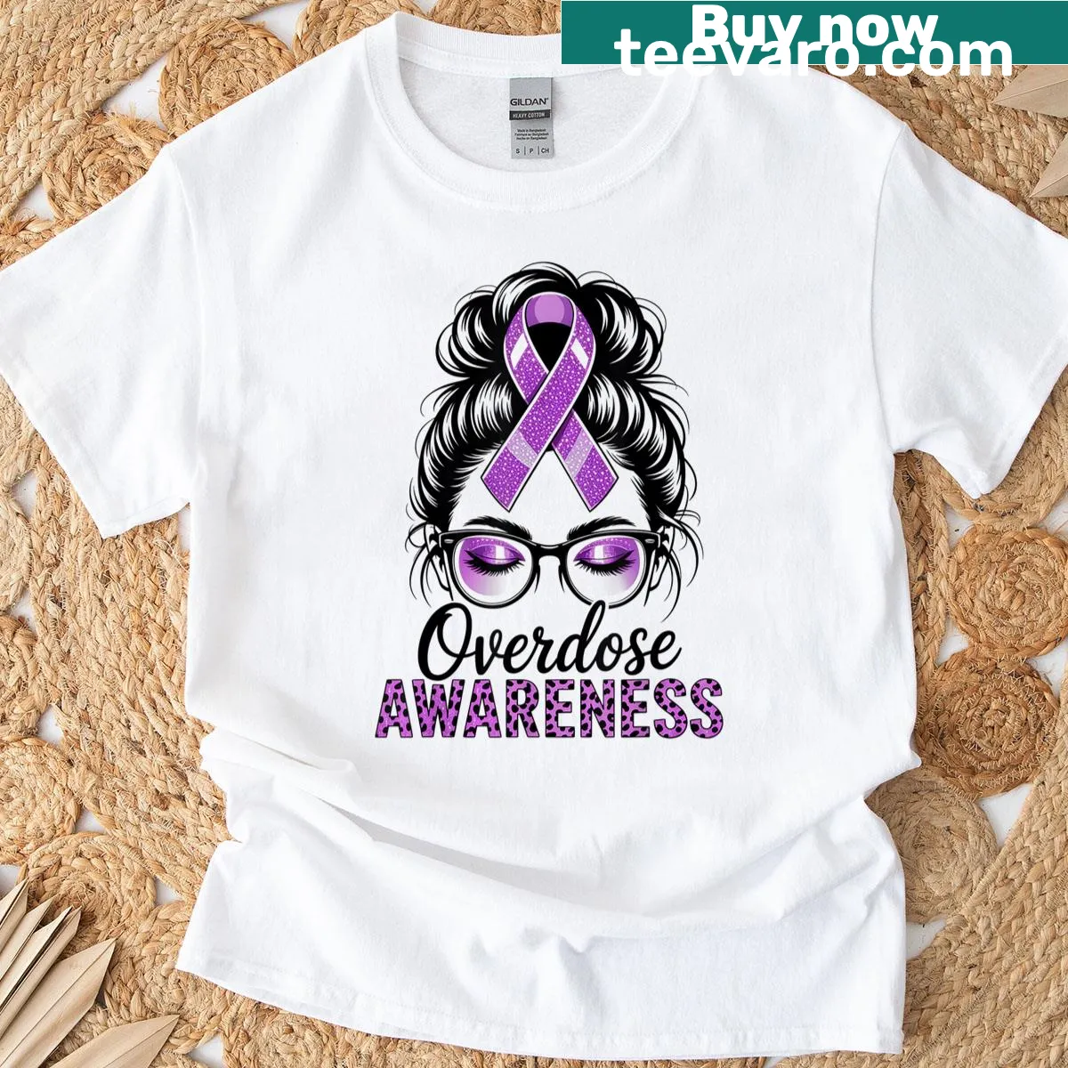 Purple ribbon graphic for overdose awareness on a women's t-shirt — on a men's t-shirt