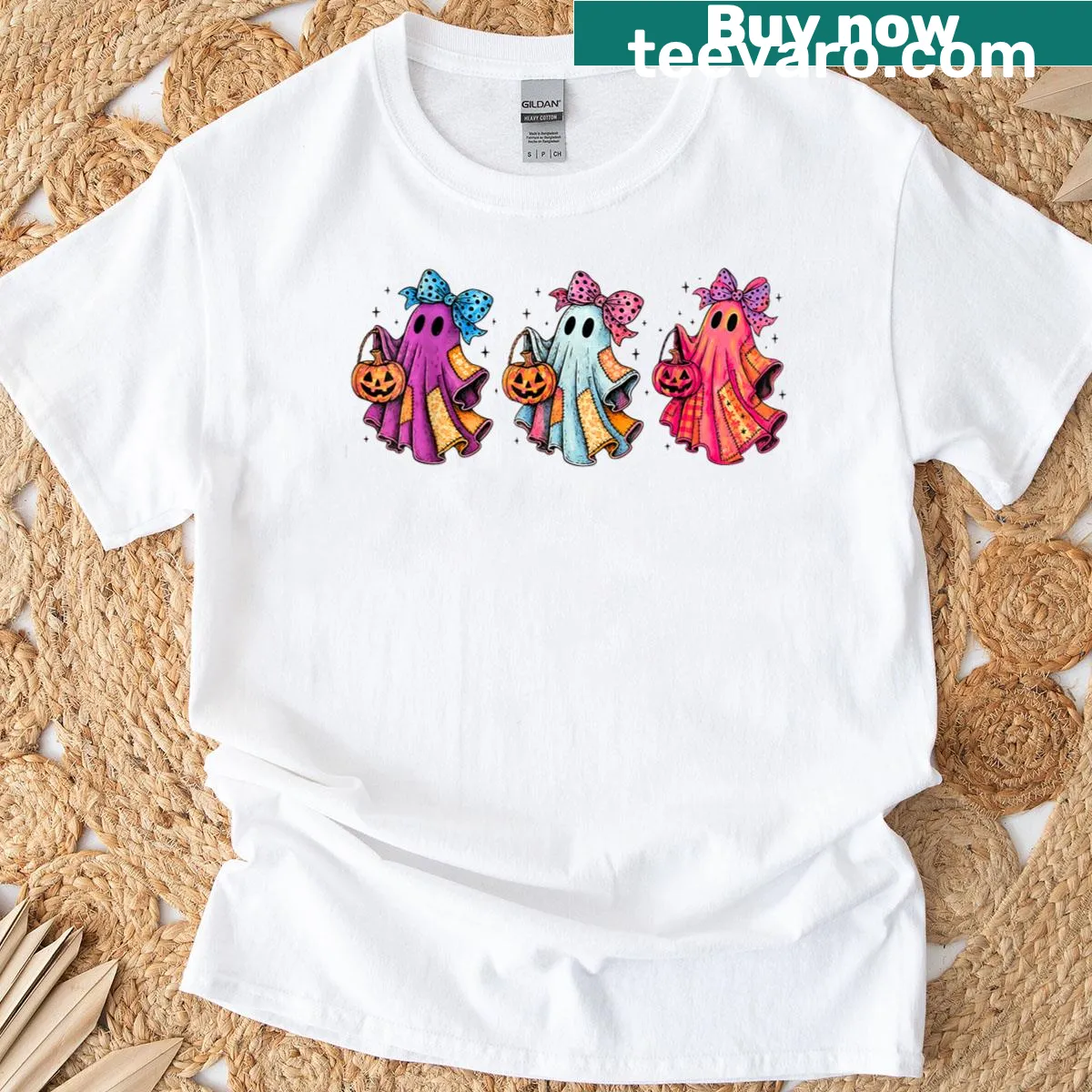 Patchwork ghost design T-shirt for Halloween fun — on a men's t-shirt