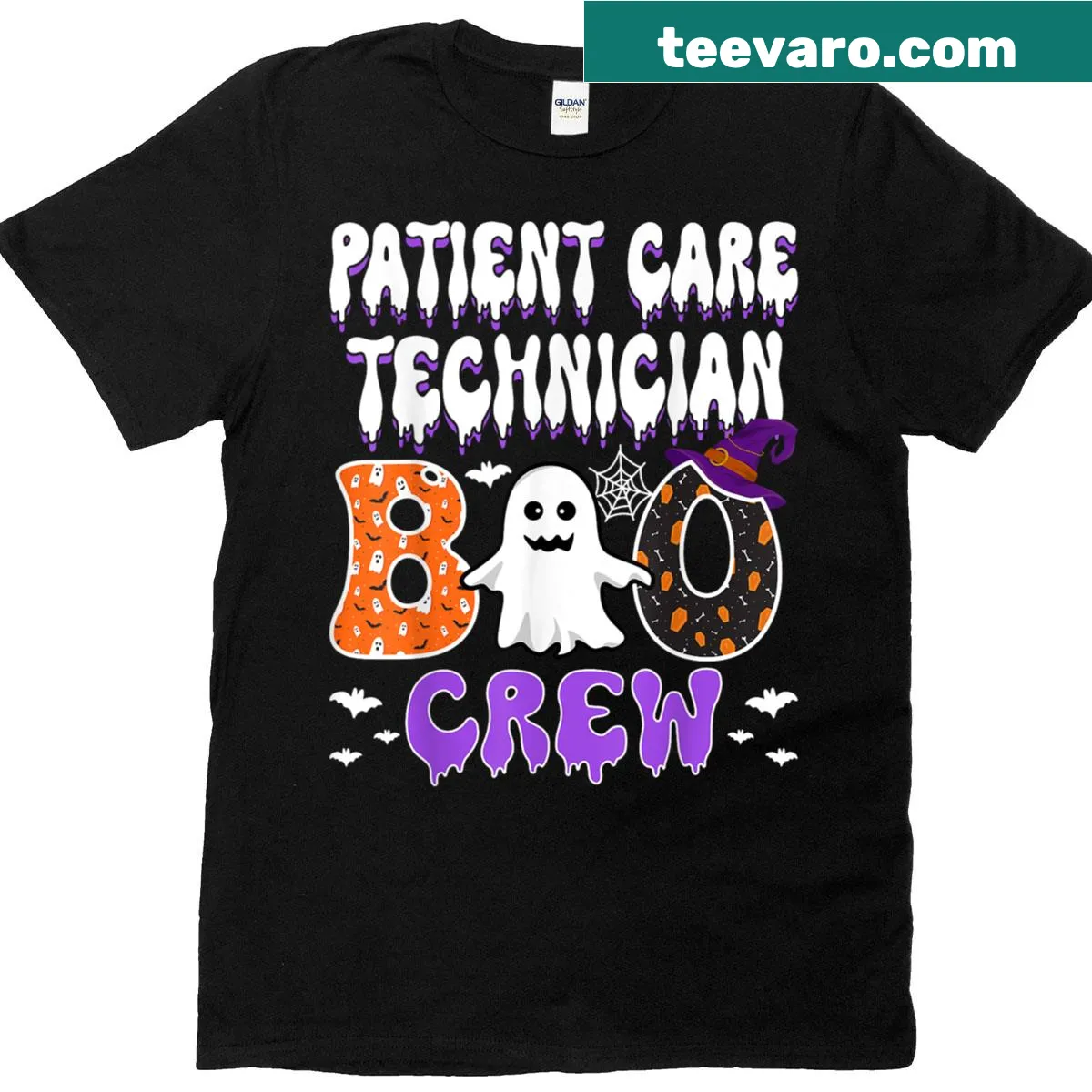 Cute Halloween-themed t-shirt for Patient Care Technicians with 'Boo Crew' text. — on a men's t-shirt