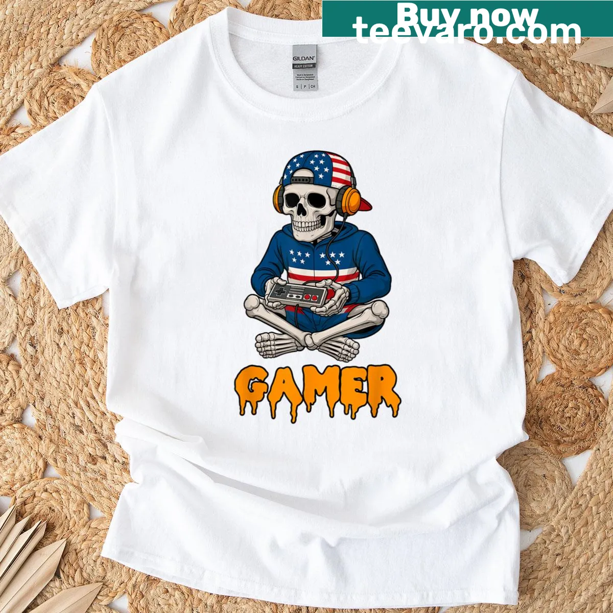 Skeleton in a U.S. flag with gaming pose on t-shirt for Halloween — on a men's t-shirt