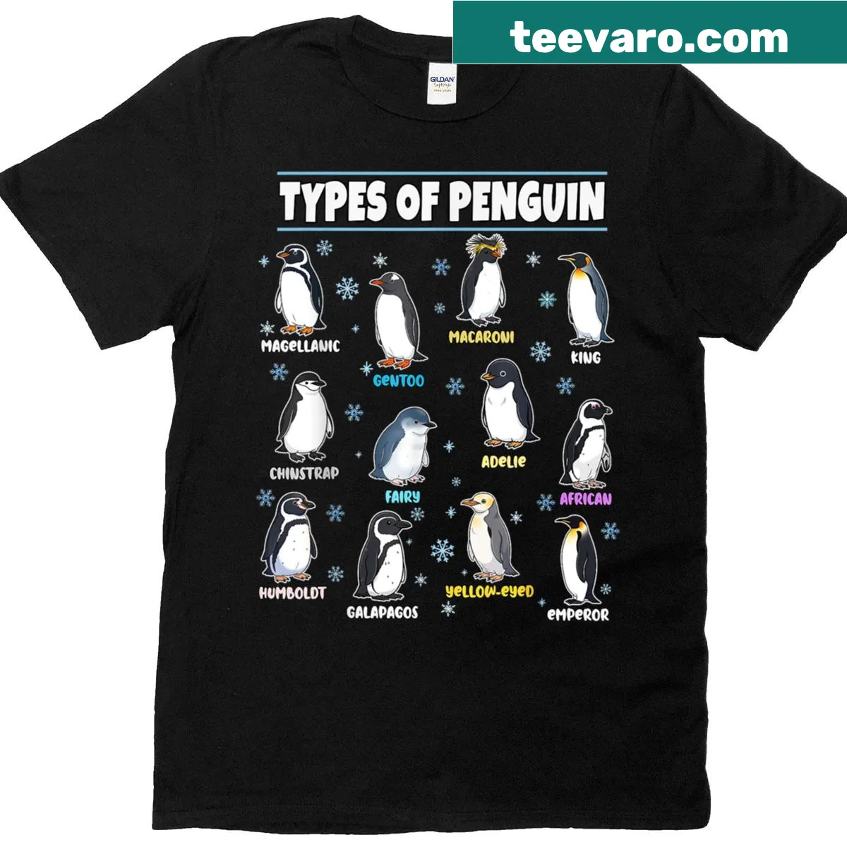 Illustrated penguins t-shirt for animal lovers featuring various penguin types — on a men's t-shirt