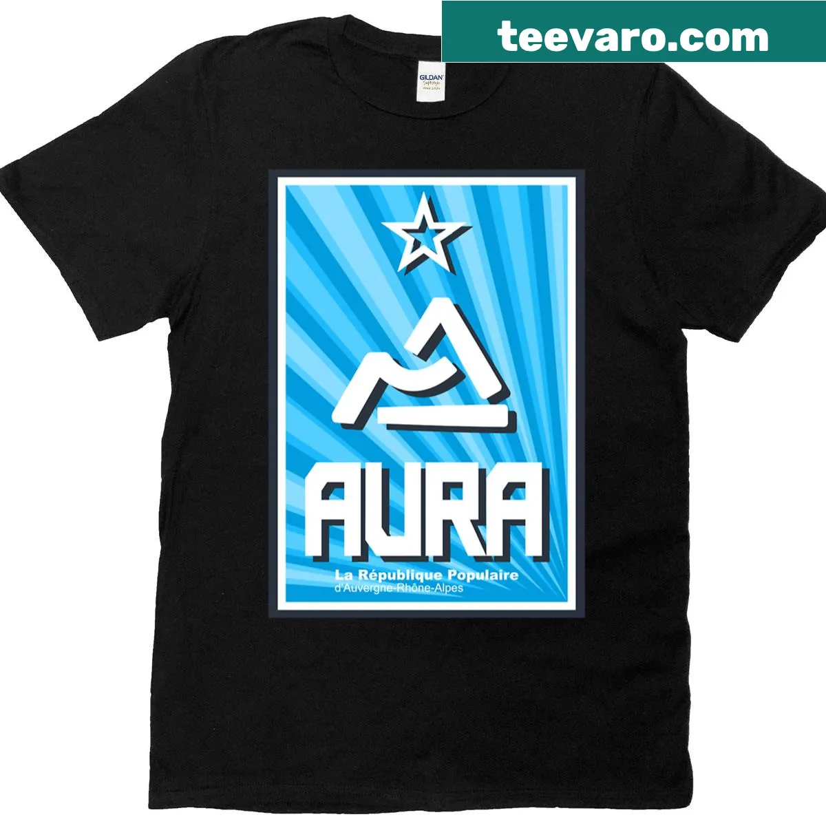 Historic-inspired shirt featuring Auvergne-Rhône-Alpes propaganda design — on a men's t-shirt