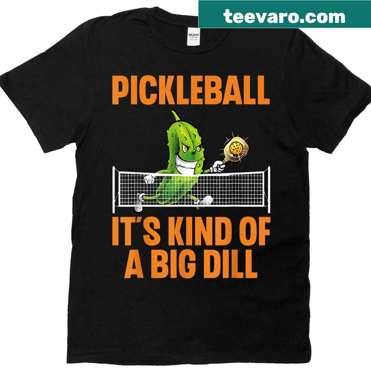Pickleball-themed t-shirt featuring graphic of paddles and balls — on a men's t-shirt