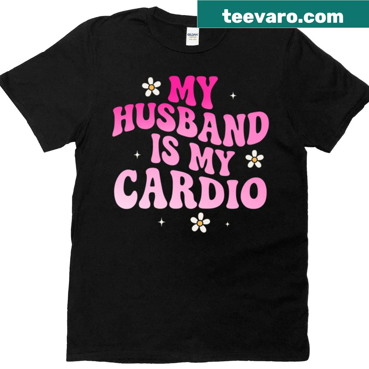 Funny fitness t-shirt with the phrase 'My Husband Is My Cardio' — on a men's t-shirt