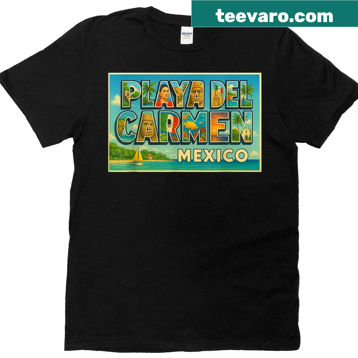 Vintage Playa Del Carmen graphic t-shirt featuring palm trees and beach elements — on a men's t-shirt