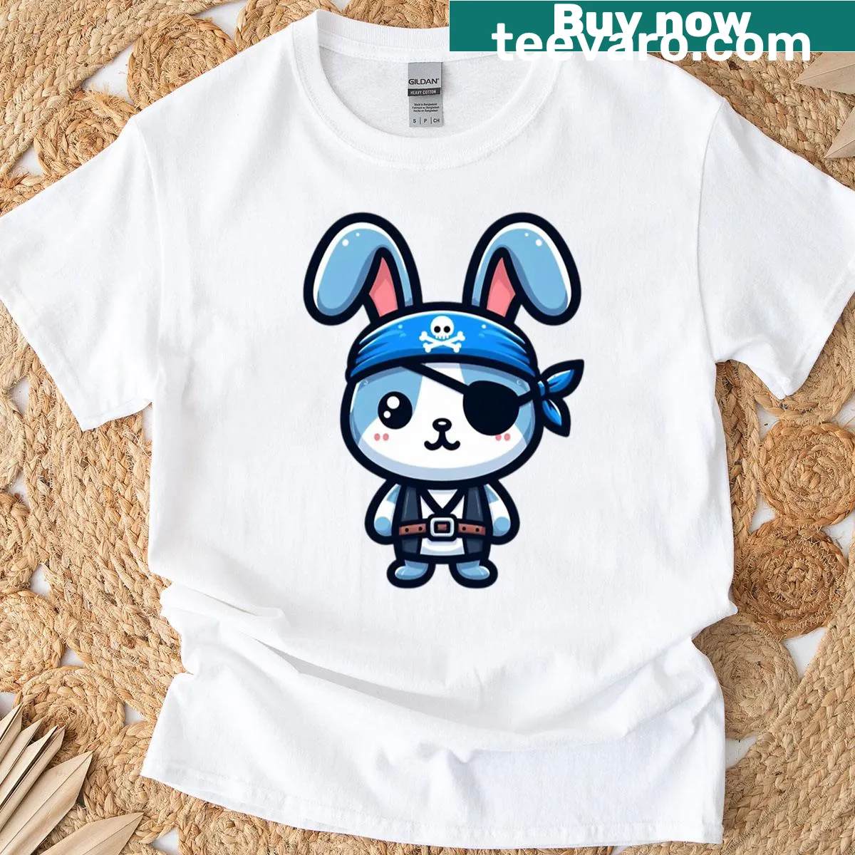 Oversized t-shirt featuring a cartoon pirate bunny with an eyepatch — on a men's t-shirt