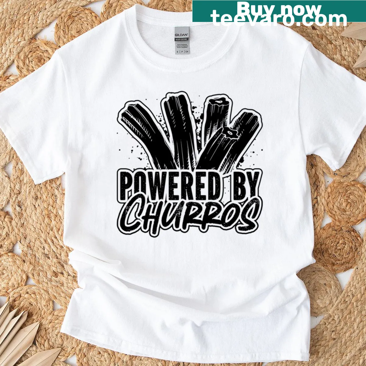 Oversized t-shirt celebrating churros with cute text design — on a men's t-shirt
