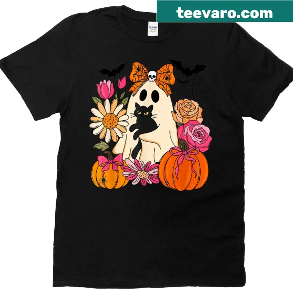 Preppy Halloween t-shirt with ghost, black cat, and flowers