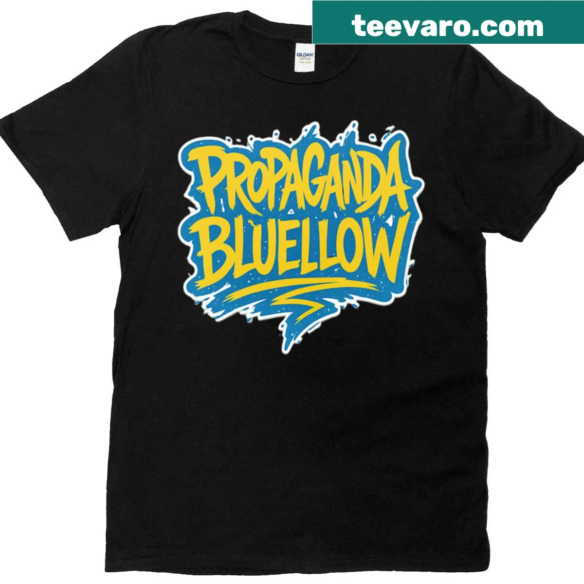 Playful graphic t-shirt inspired by propaganda art — on a men's t-shirt