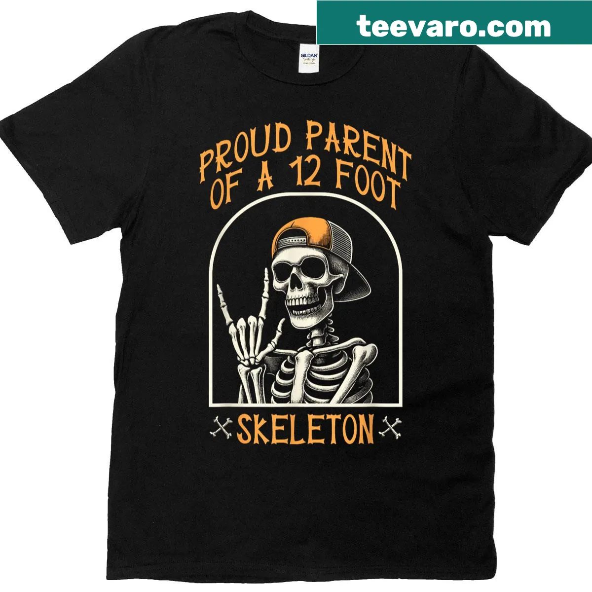 Funny Halloween T-shirt with a 12-foot skeleton illustration — on a men's t-shirt