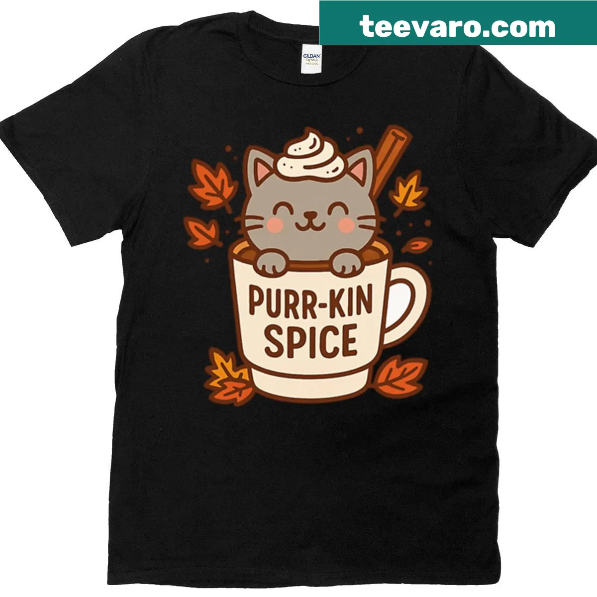 Cute autumn-themed T-shirt with cat and pumpkin design — on a men's t-shirt