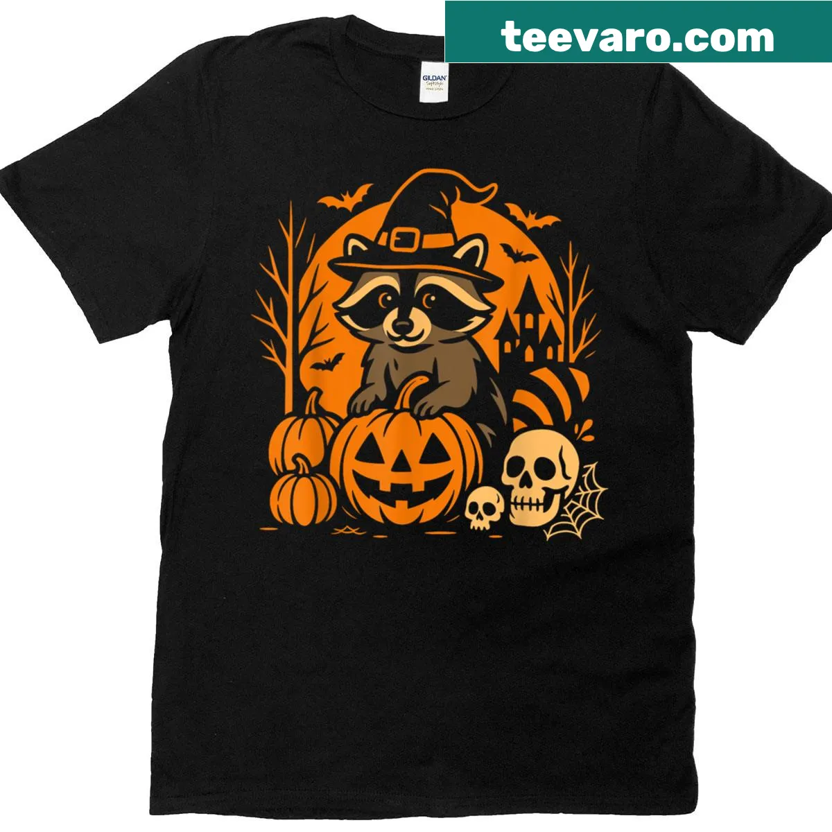 Cute raccoon with a pumpkin illustration on Halloween t-shirt — on a men's t-shirt