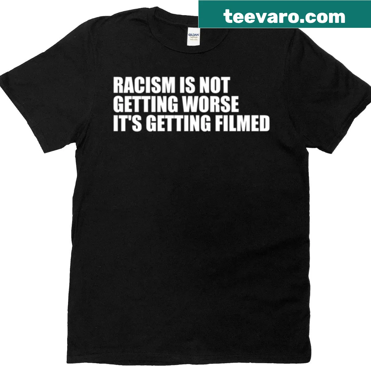 Bold typography T-shirt with a social commentary on racism — on a men's t-shirt