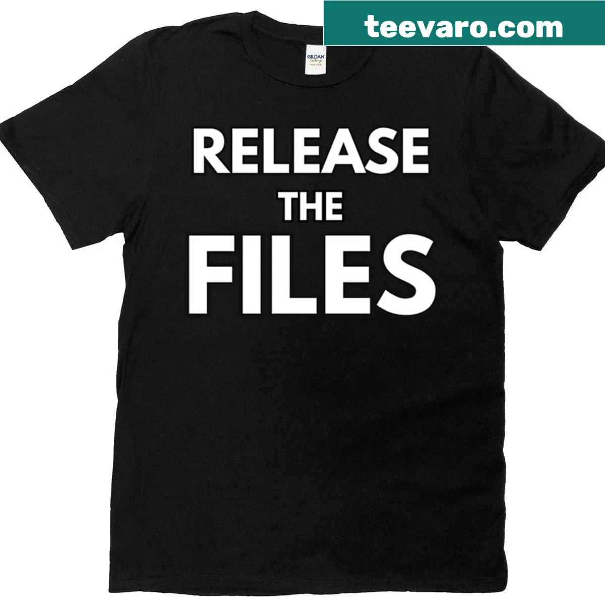 Bold T-shirt with the phrase 'Release The Files.' — on a men's t-shirt