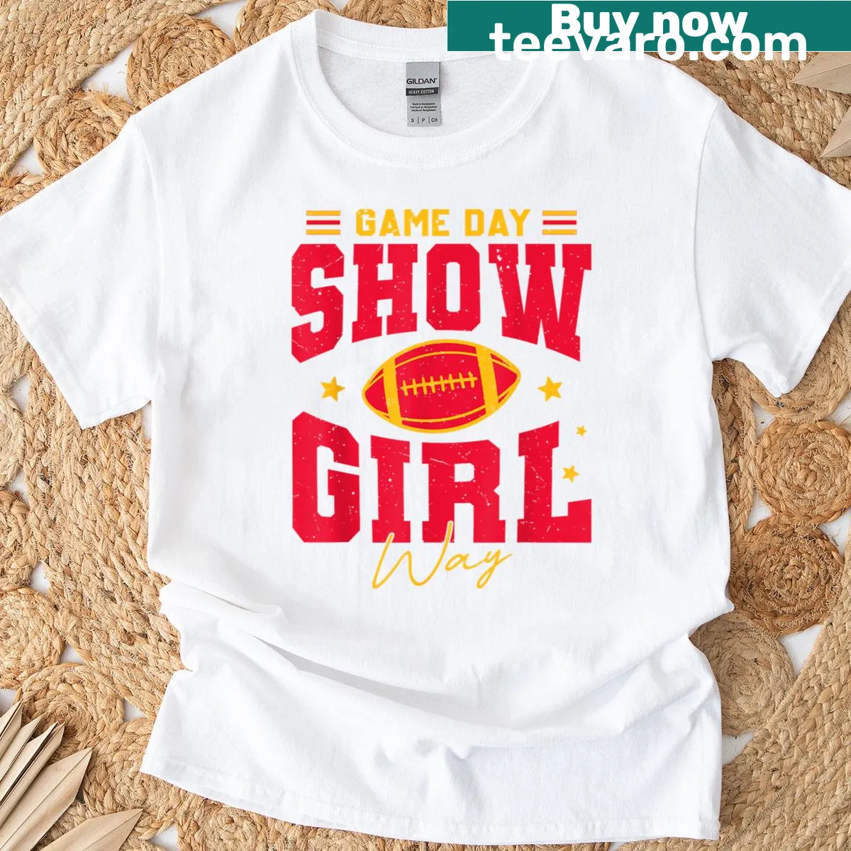 Retro-themed cartoon of a showgirl celebrating American football — on a men's t-shirt