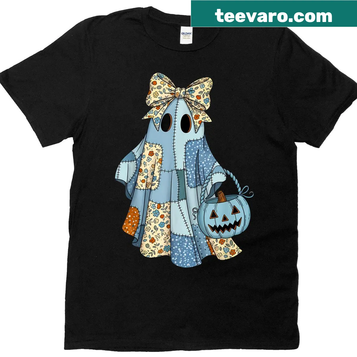 Cute retro blue denim ghost with patchwork design — on a men's t-shirt