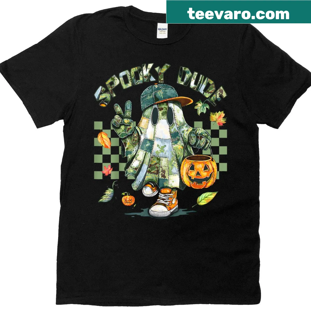 Retro camo ghost design on Halloween t-shirt — on a men's t-shirt