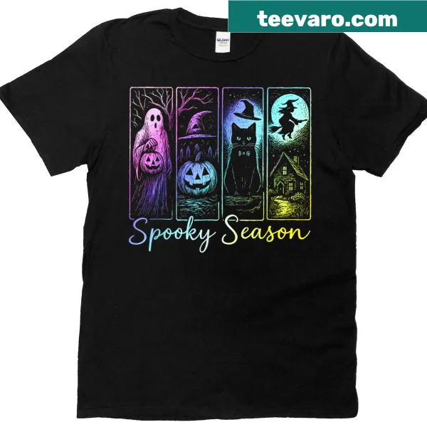 Retro Halloween T-shirt featuring a ghost, witch, pumpkin, and black cat