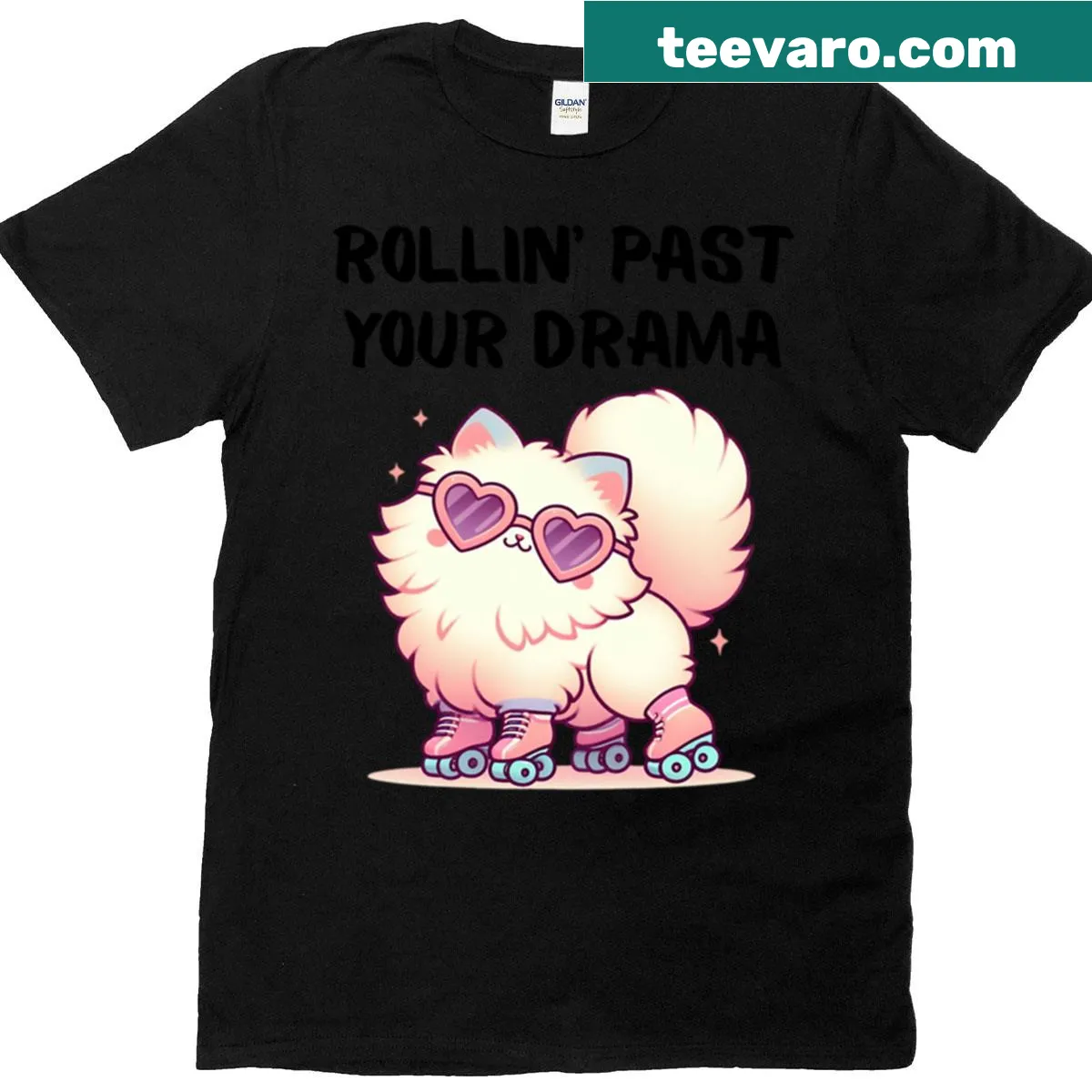 Kawaii cat roller skating graphic on a humorous t-shirt design. — on a men's t-shirt