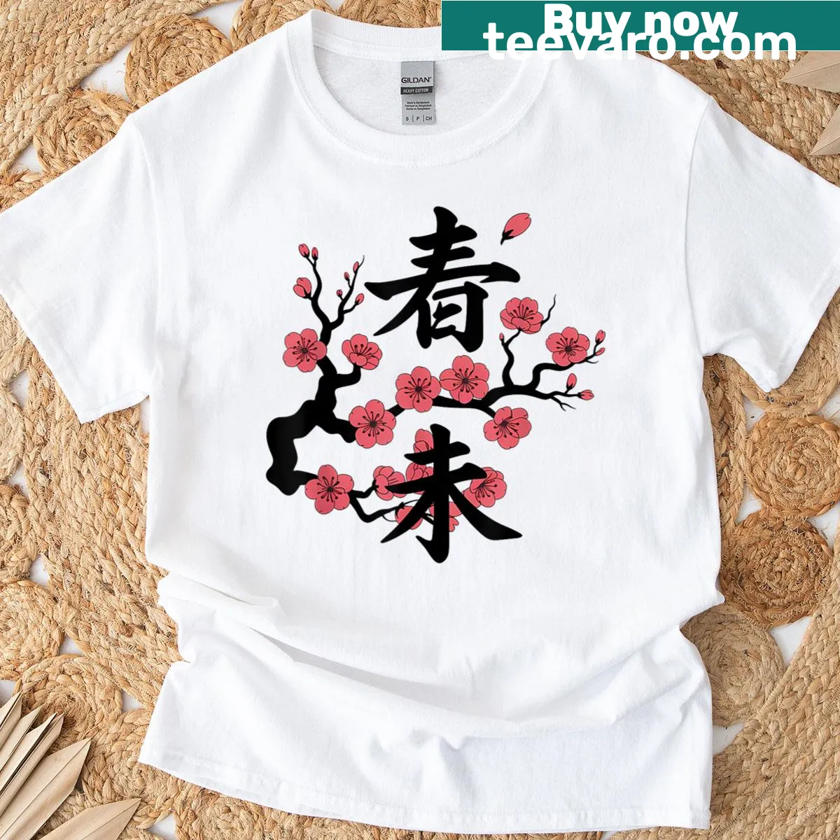 Sakura flowers with Japanese kanji print on a T-shirt — on a men's t-shirt