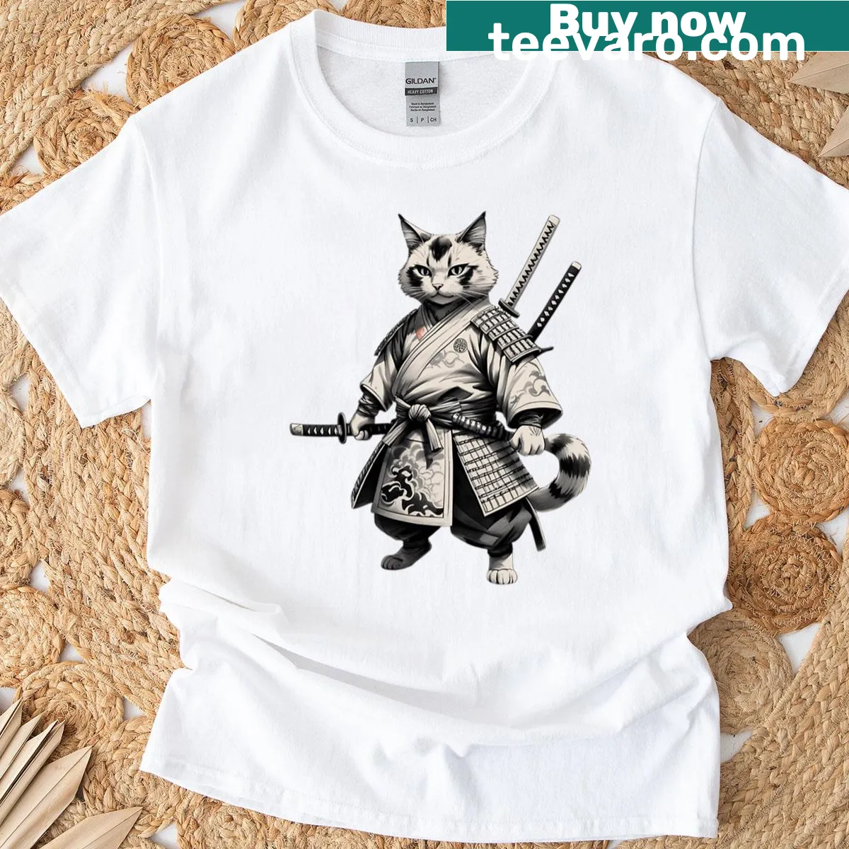 Illustration of a samurai cat in armor on a T-shirt — on a men's t-shirt