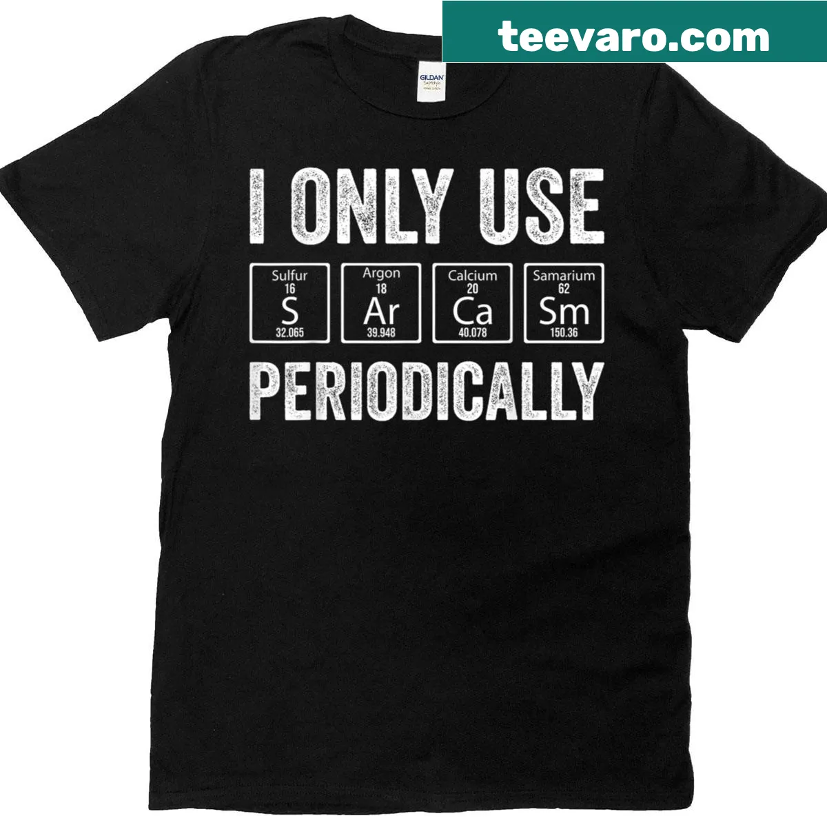 Periodic table design featuring sarcasm as an element — on a men's t-shirt