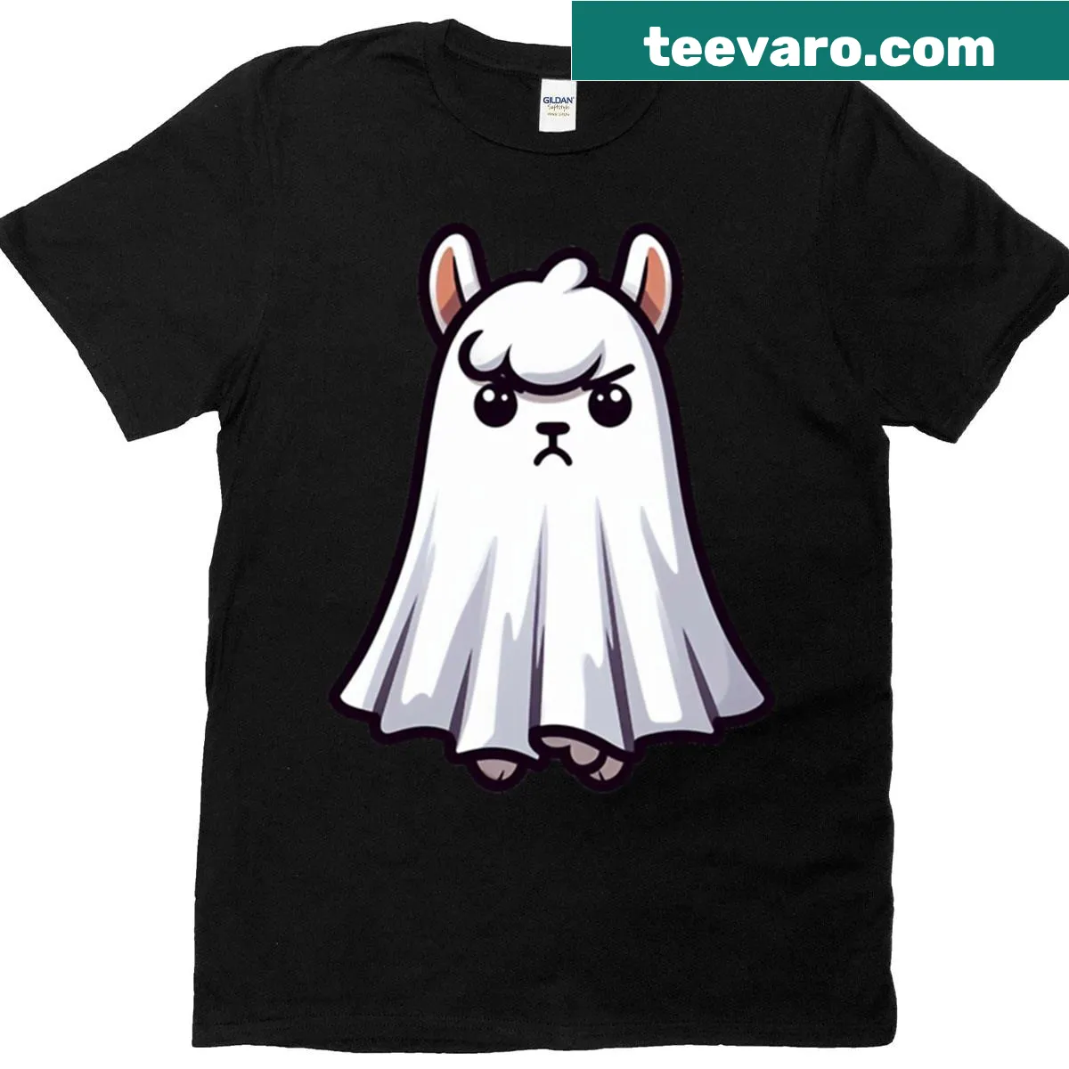 Funny cartoon llama ghost with floppy sheet design — on a men's t-shirt
