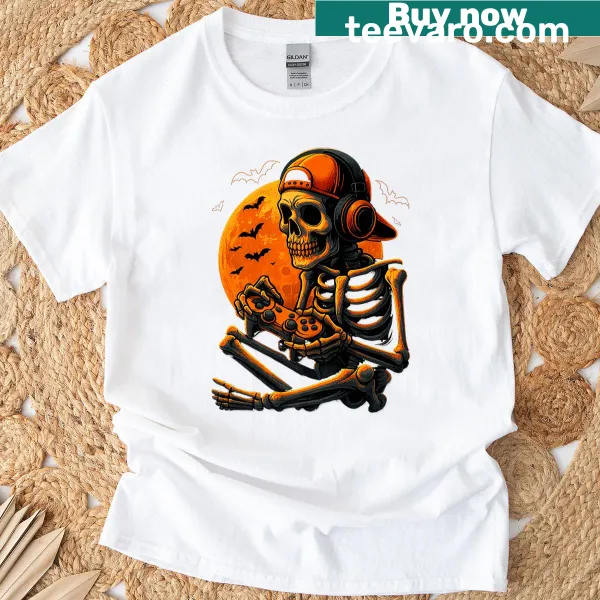 Creepy skeleton playing video games in Halloween style.