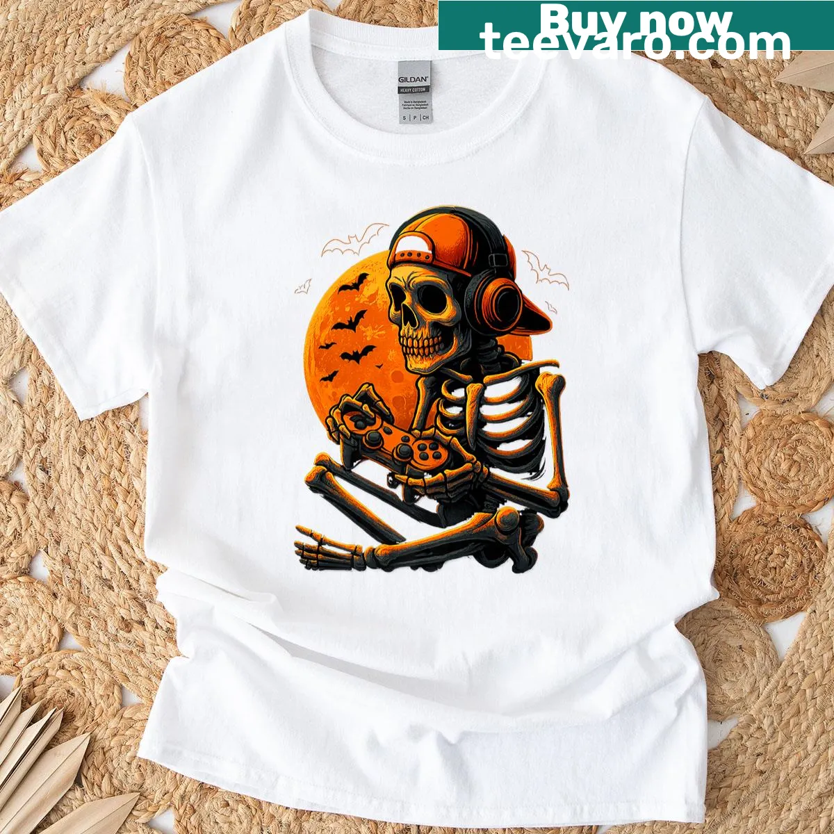 Creepy skeleton playing video games in Halloween style. — on a men's t-shirt
