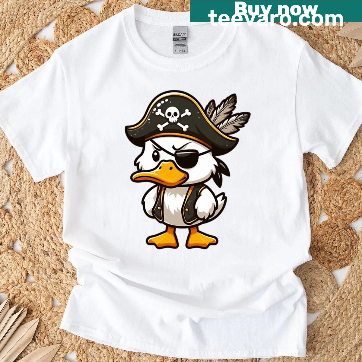 Cartoon pirate duck with hat and eyepatch, humorous design — on a men's t-shirt