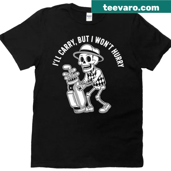 Cartoon skeleton caddy design on a humorous golf-themed T-shirt