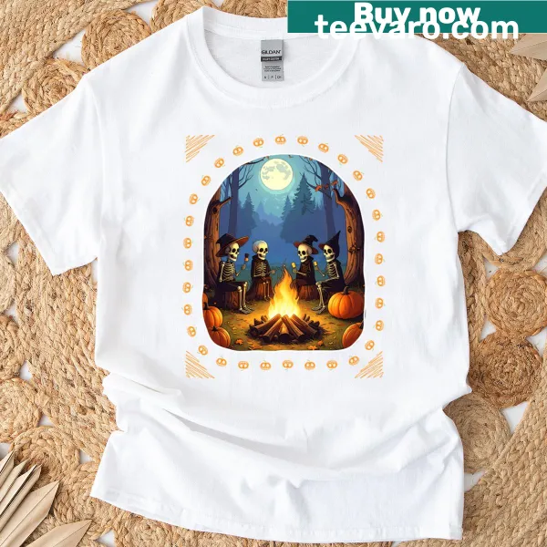 Skeleton camping with a campfire and tent in Halloween design.