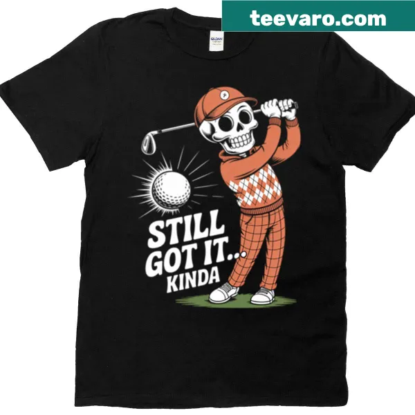 Skeleton golfer mid swing t-shirt with playful golf-themed graphic
