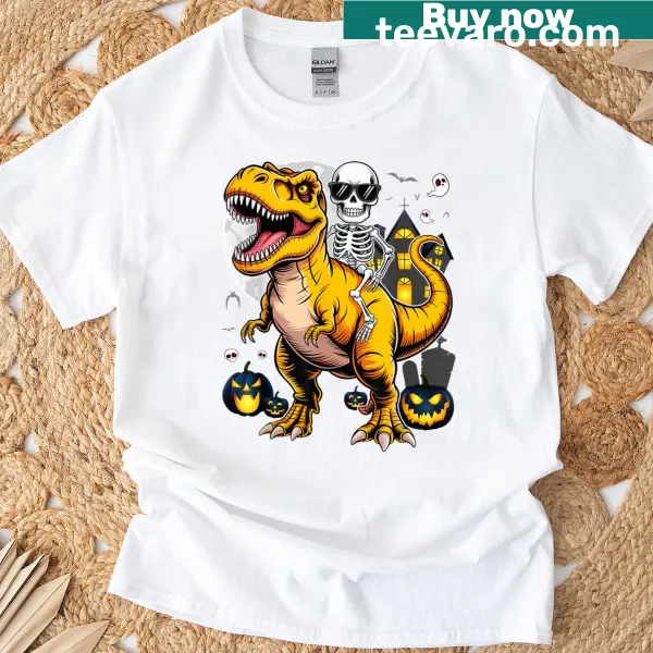 Cute t-shirt featuring a skeleton riding a T-rex dinosaur