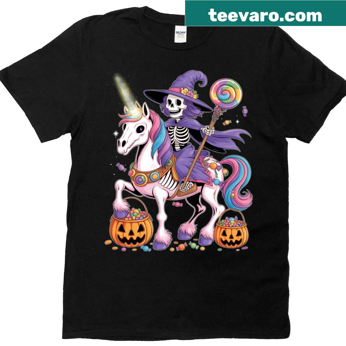 Playful cartoon skeleton riding unicorn Halloween shirt for girls — on a men's t-shirt