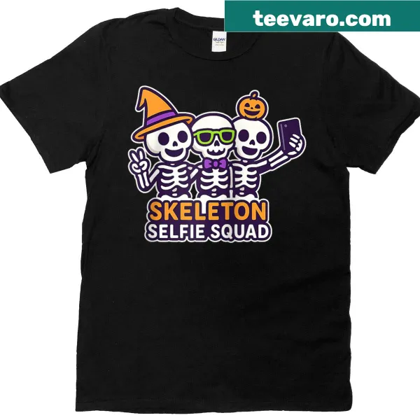 Funny Skeleton Selfie Squad graphic on a raglan baseball tee for Halloween