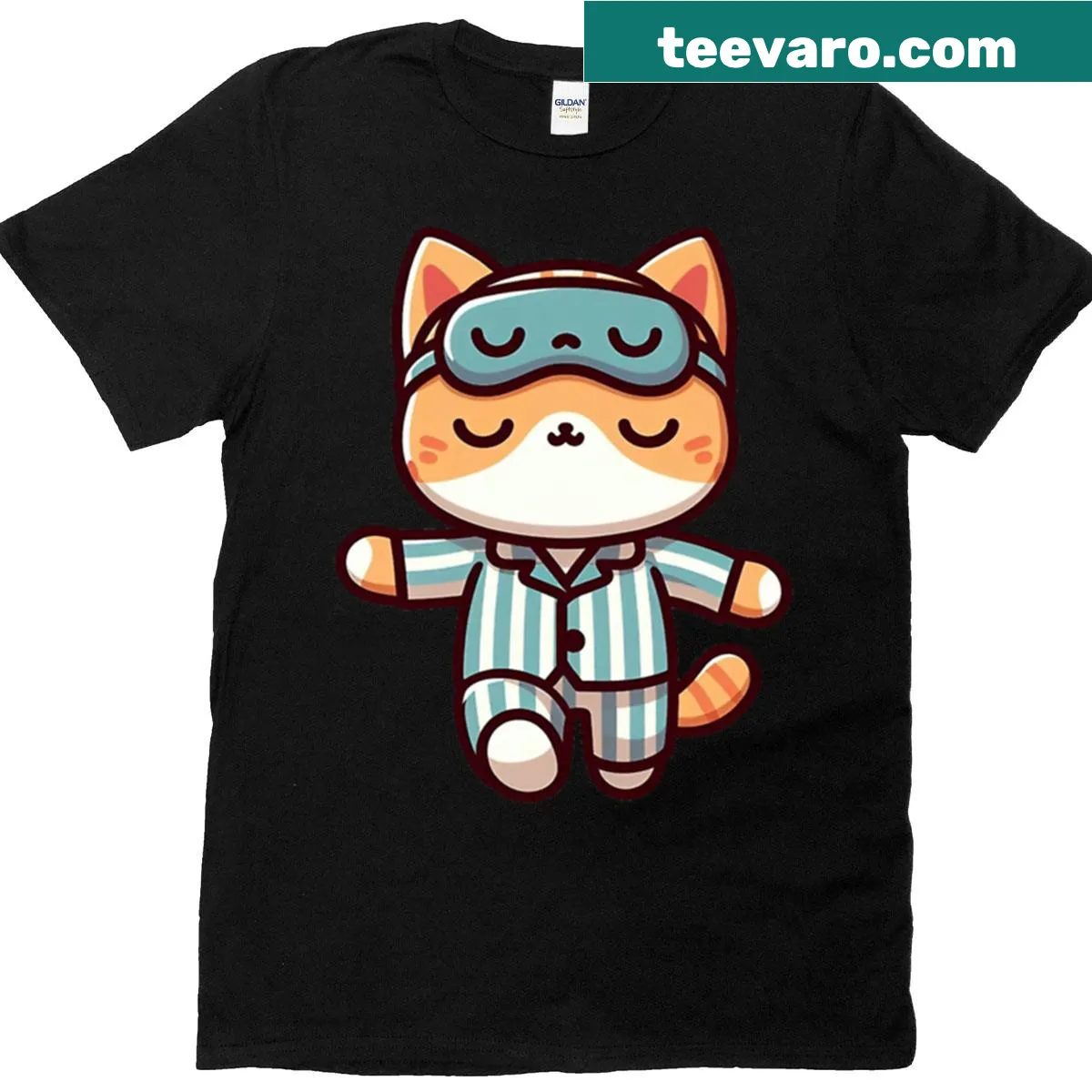 Cartoon cat in pajamas and sleep mask design T-shirt — on a men's t-shirt