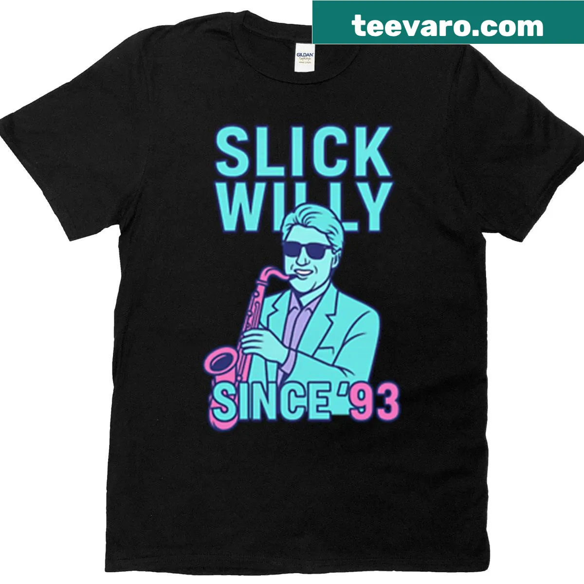 Retro Bill Clinton t-shirt with 'Slick Willy Since 93' text — on a men's t-shirt