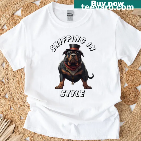 Rottweiler dog graphic t-shirt with playful design