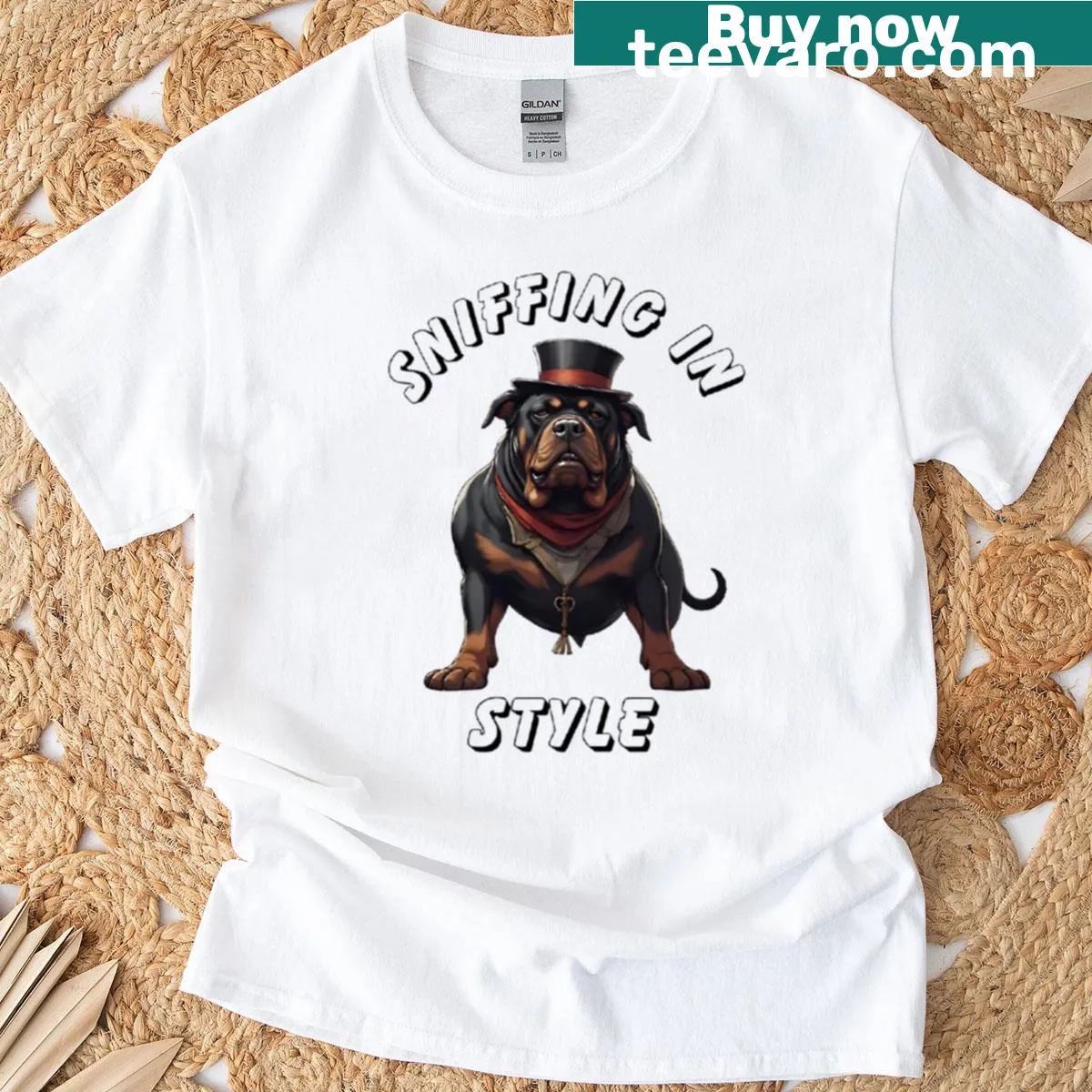Rottweiler dog graphic t-shirt with playful design — on a men's t-shirt