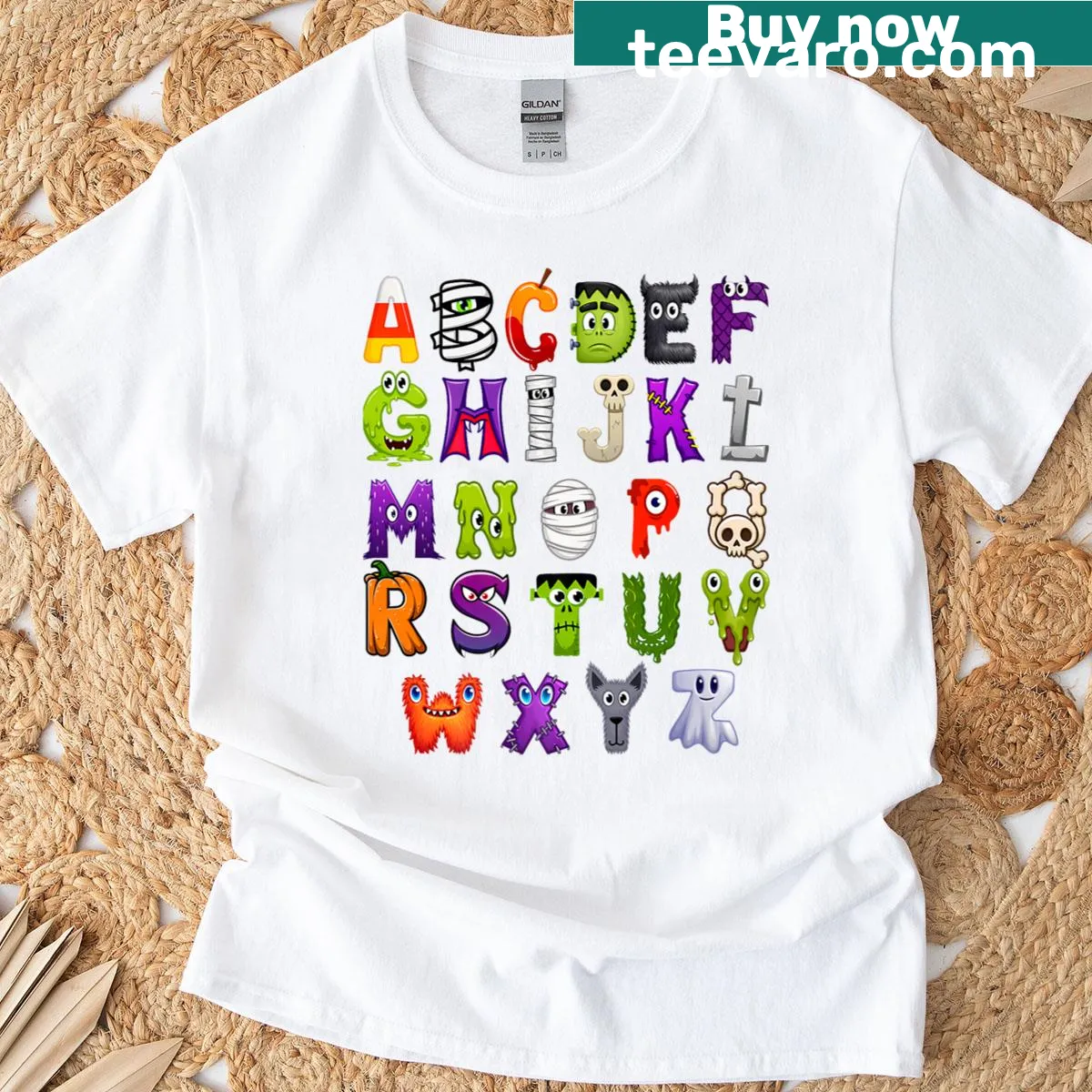 Playful spooky alphabet design for kids on a Halloween T-shirt — on a men's t-shirt