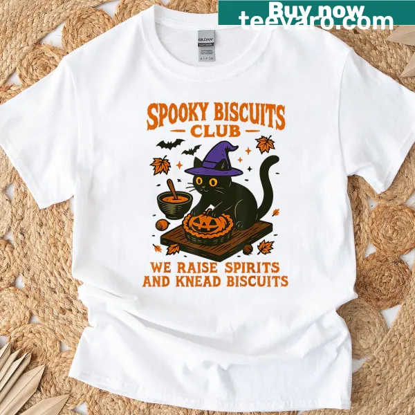 Funny t-shirt with baking cats and spooky elements for Halloween