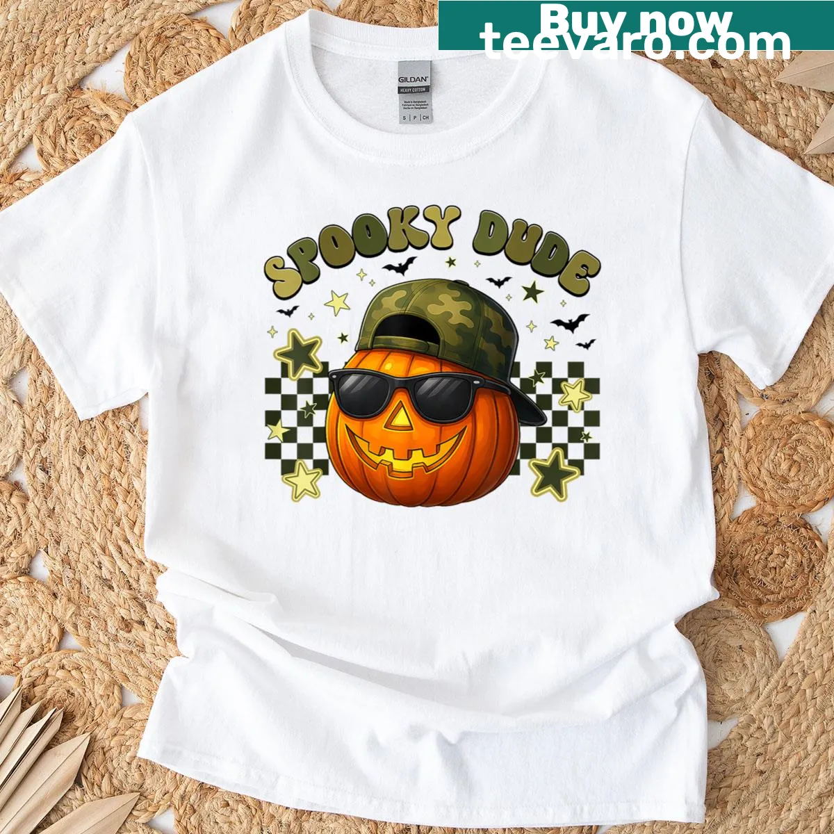 Jack O Lantern character graphic t-shirt for Halloween — on a men's t-shirt