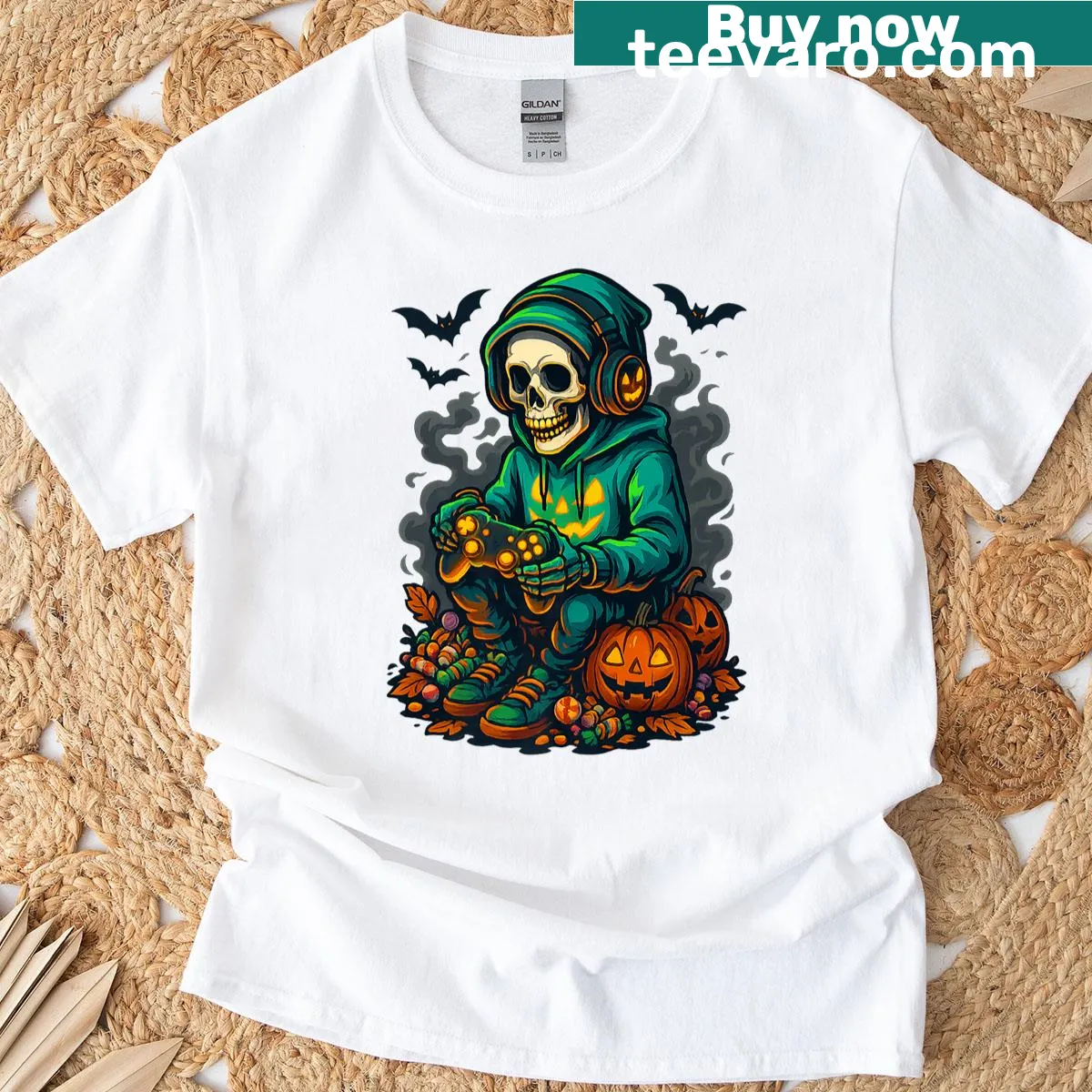 Funny T-shirt with a skeleton gamer illustration for Halloween — on a men's t-shirt