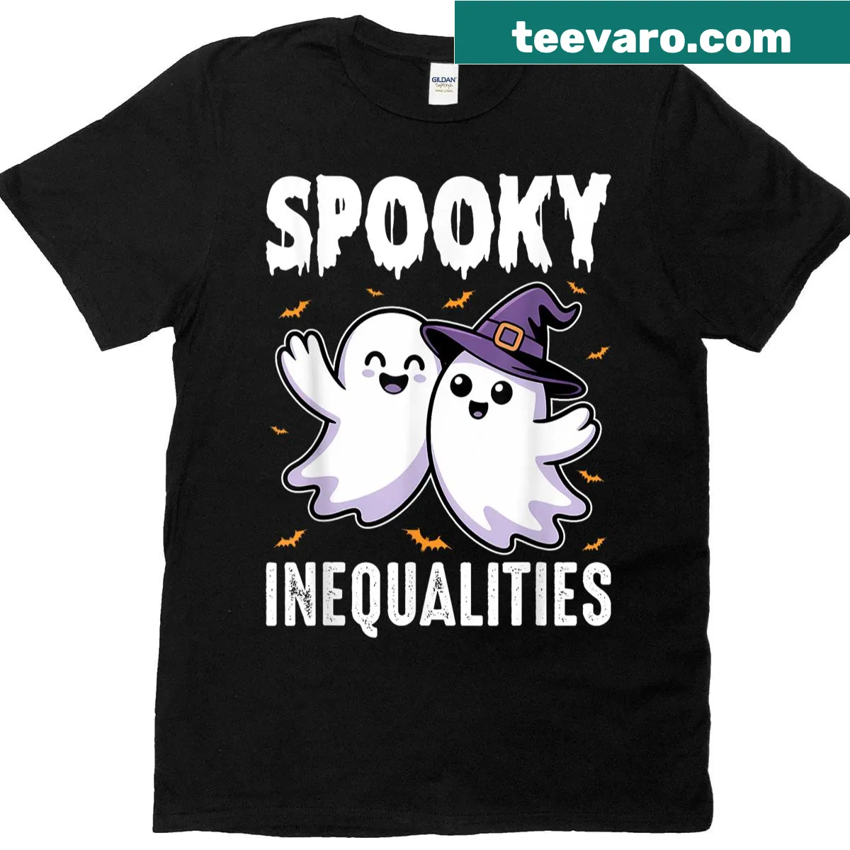 Halloween-themed T-shirt for math teachers with ghost and inequalities. — on a men's t-shirt