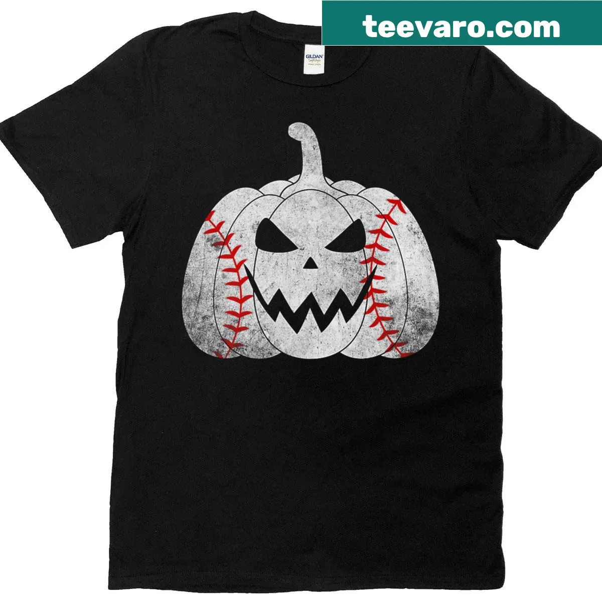 Halloween t-shirt with pumpkin baseball player design — on a men's t-shirt